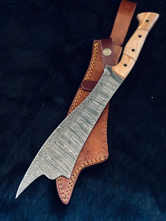 Heritage Forge 16.5 Inch Fire Damascus Steel Machete Knife with Camel Bone and Wood Handle