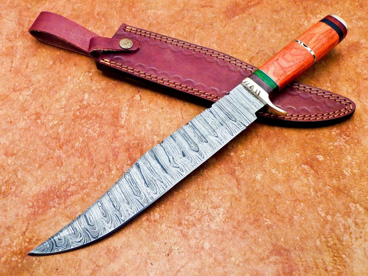 15 Inch Damascus Steel Bowie Knife with Hardwood Handle