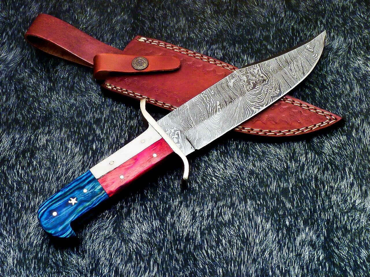 12 Inch Full Tang Damascus Bowie Knife with Camel Bone and Wood Handle