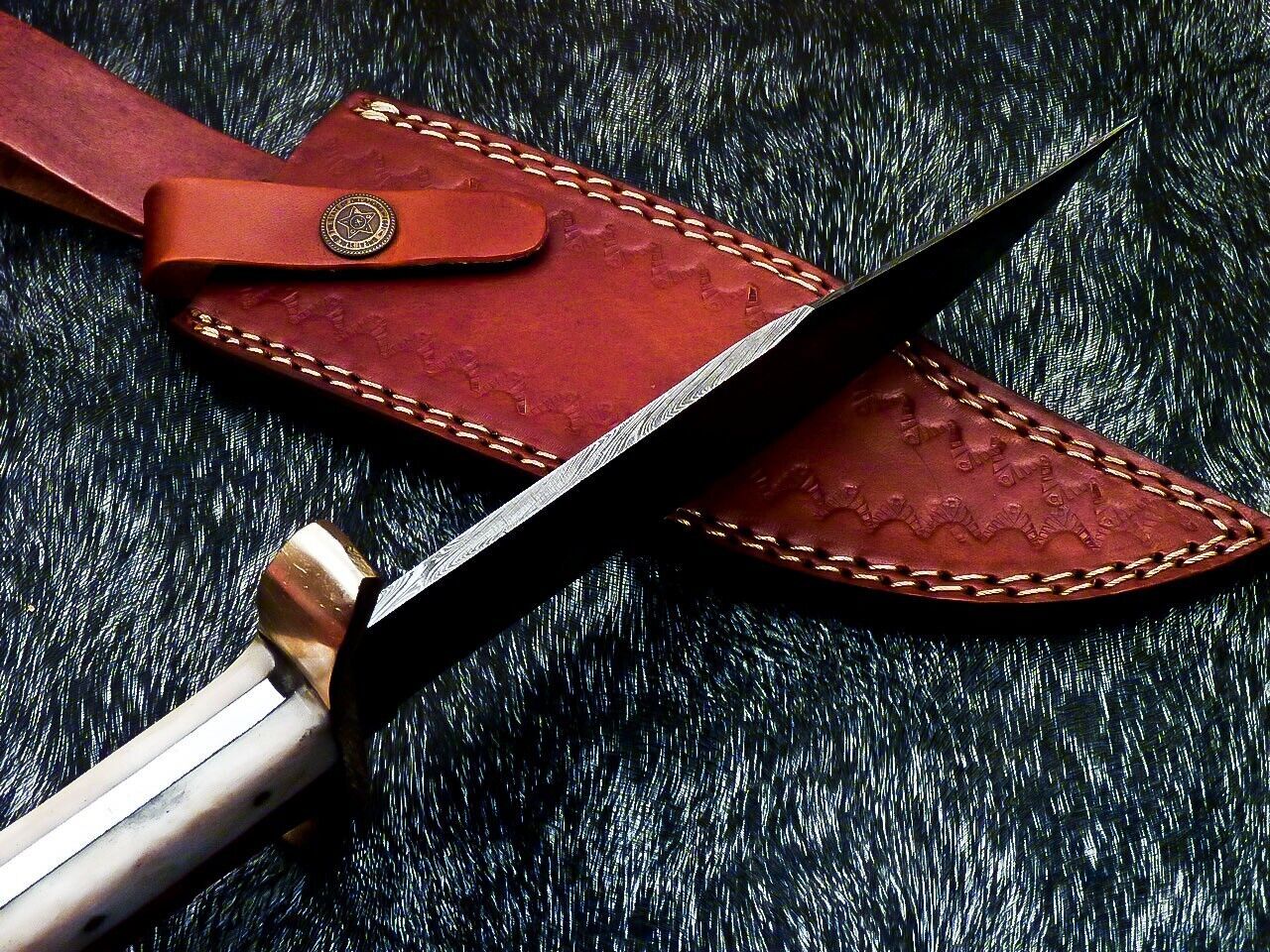12 Inch Full Tang Damascus Bowie Knife with Camel Bone and Wood Handle