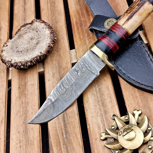 8.5" Damascus Hunting Knife – Stag Horn Handle with Leather Sheath