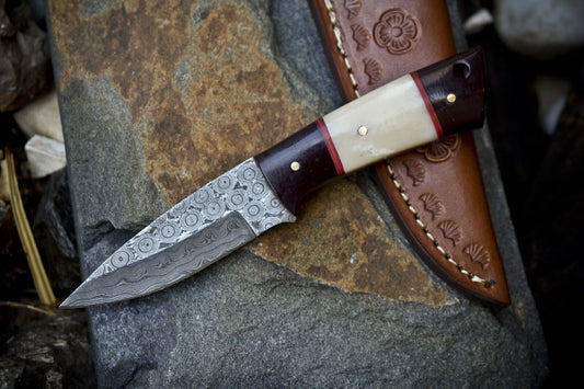 Handmade Rain Drop Damascus Skinner Knife with Bone Handle – Custom Gift Hunting Blade