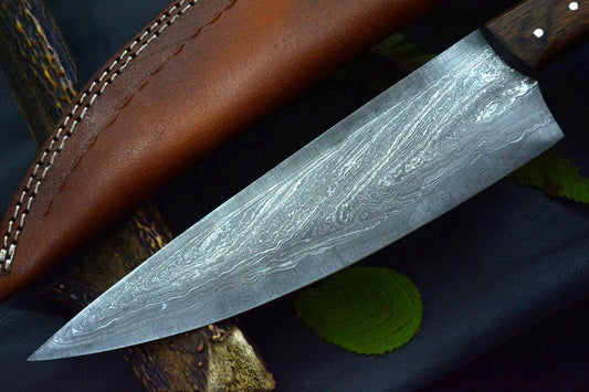 Custom Hand Forged Damascus Steel Fixed Blade Chef Knife – Handmade Walnut Handle
