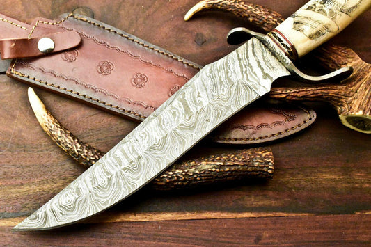20” Custom Damascus Bowie Knife | Laser Etched Skull Blade & Leather Sheath