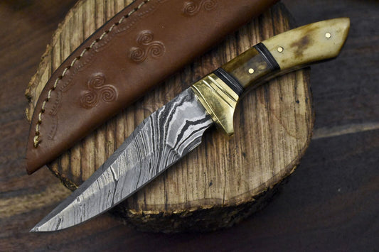 Twist Damascus Skinner Knife with Bone Handle and Brass Guard – Handmade EDC Hunting Knife