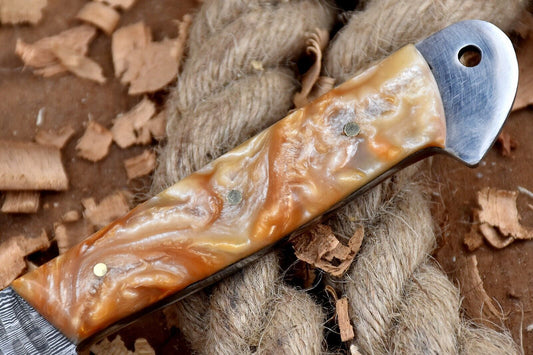 Custom Handmade Forged Damascus Steel Kitchen Chef Knife – 9" Blade with White & Orange Raisin Handle