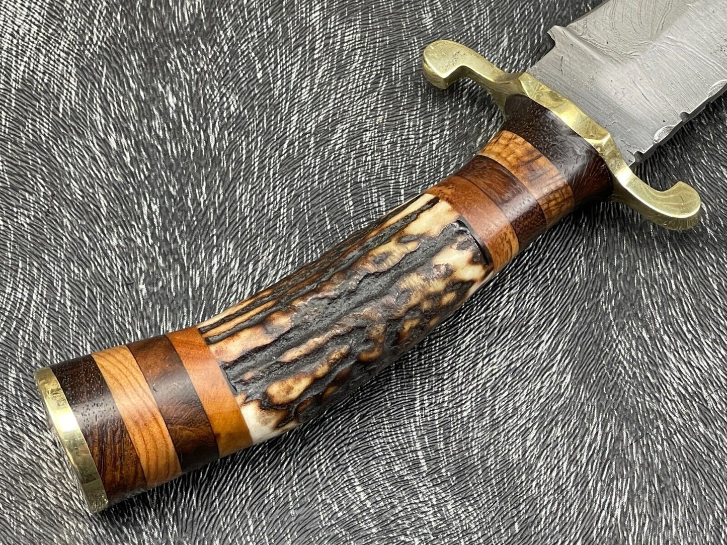 13" Hand Forged Damascus Bowie Knife With Stag Horn and Wood Handle Bowie Knife