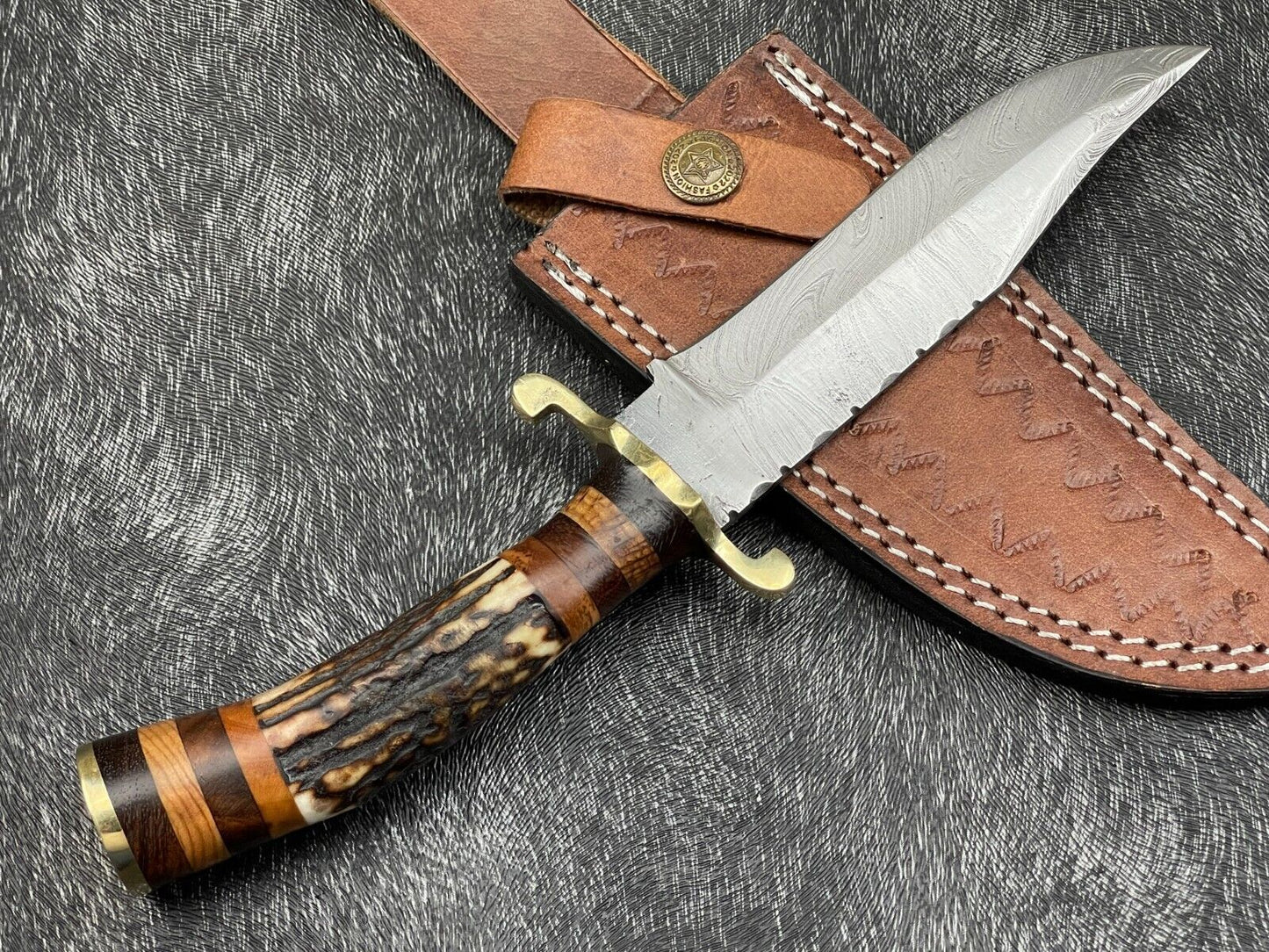 10" Hand Forged Damascus Hunting Knife – Stag Horn & Wood Handle