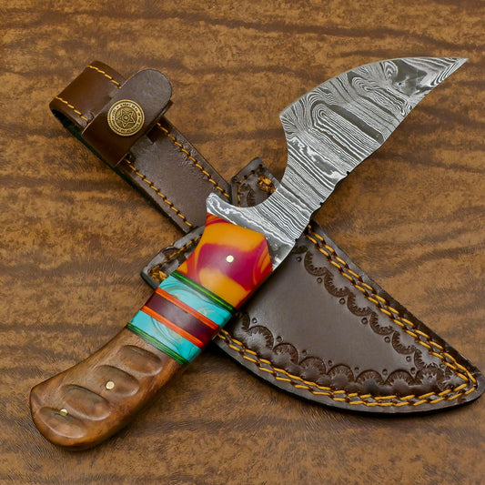 Resin Wood Damascus Skinner Knife Custom Handmade for Hunting and EDC