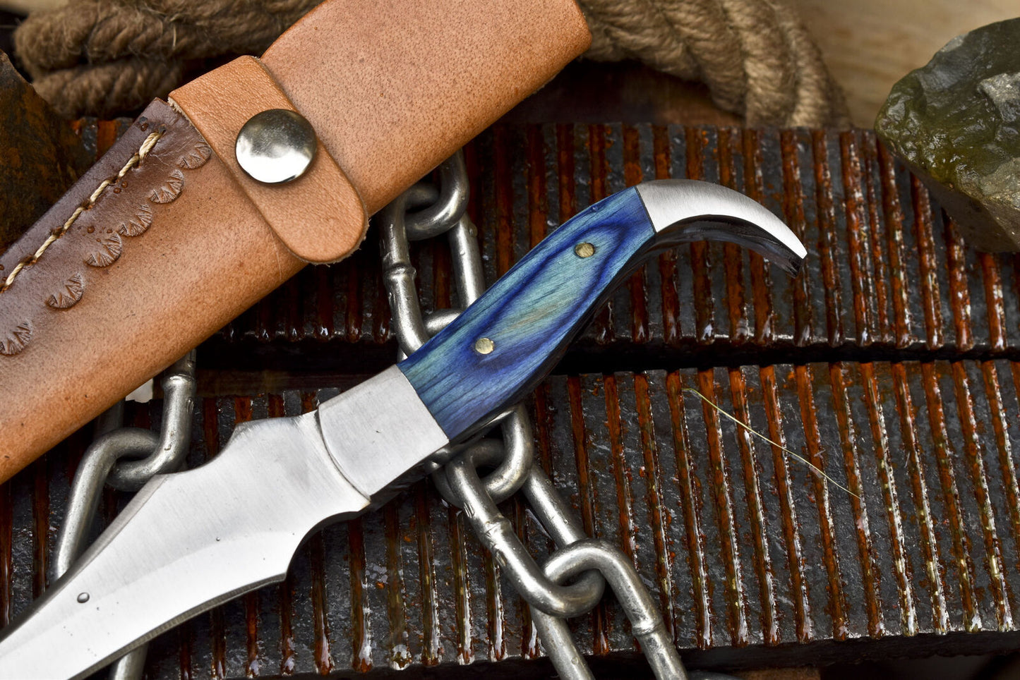Hand Forged 440C Steel Skinner Knife with Hardwood Handle & Steel Bolster – EDC Fixed Blade
