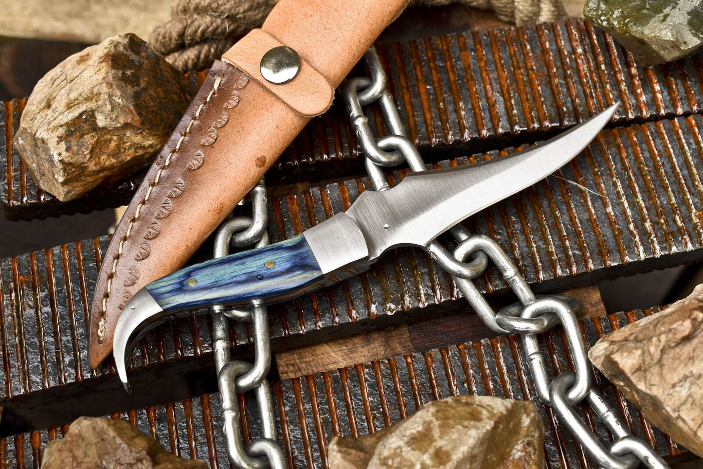 Hand Forged 440C Steel Skinner Knife with Hardwood Handle & Steel Bolster – EDC Fixed Blade