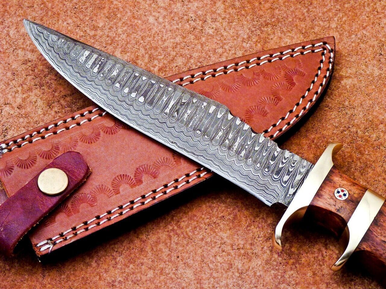 Heritage Forge 12 Inch Damascus Steel Bowie Knife with Natural Wood Handle for Hunting and Camping