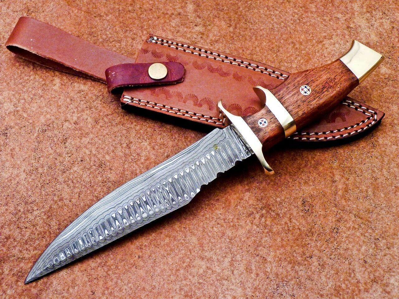 Heritage Forge 12 Inch Damascus Steel Bowie Knife with Natural Wood Handle for Hunting and Camping