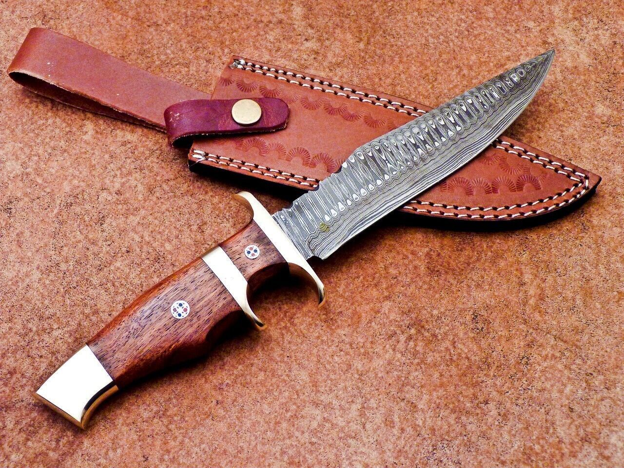 Heritage Forge 12 Inch Damascus Steel Bowie Knife with Natural Wood Handle for Hunting and Camping