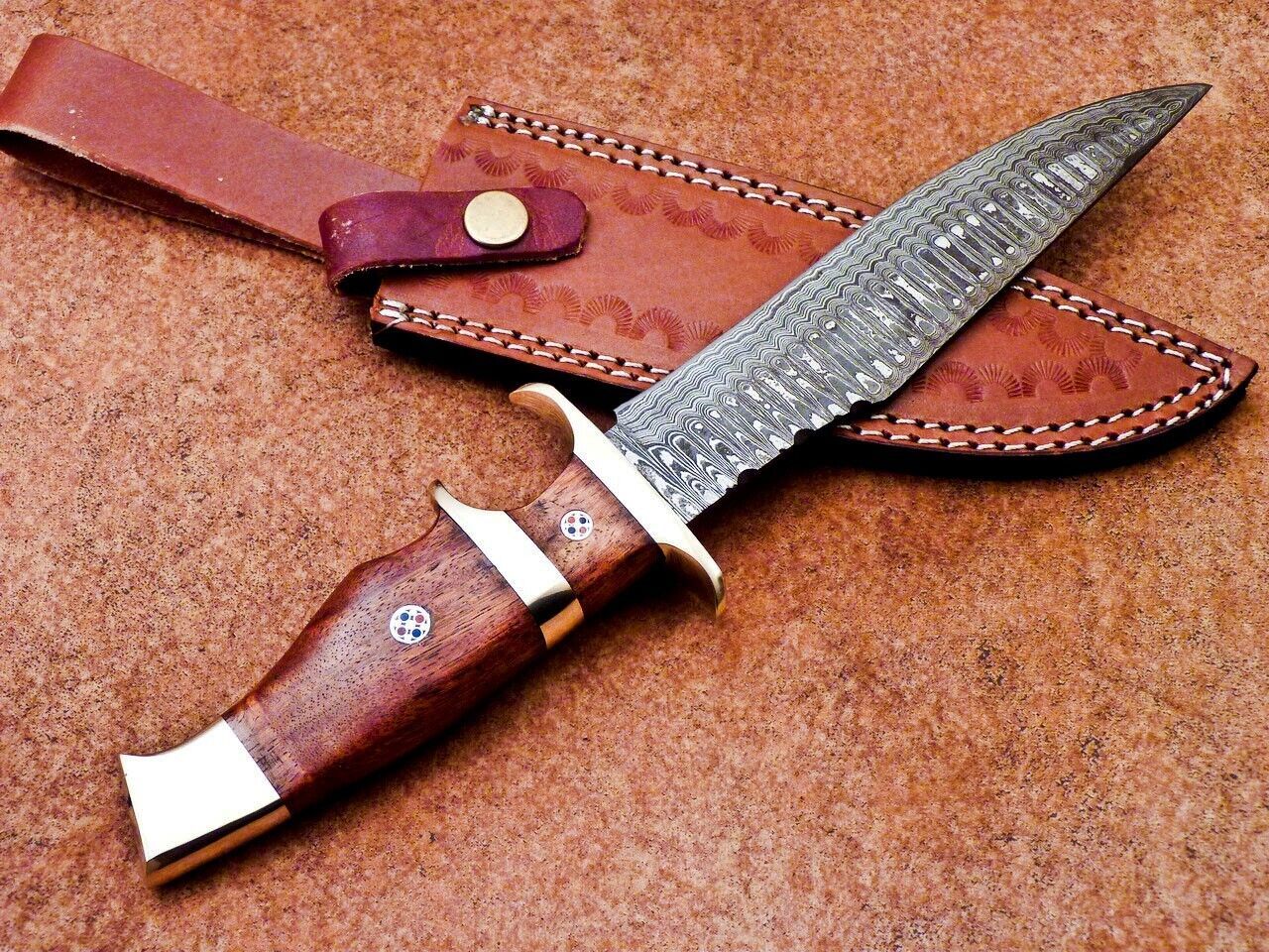 Heritage Forge 12 Inch Damascus Steel Bowie Knife with Natural Wood Handle for Hunting and Camping