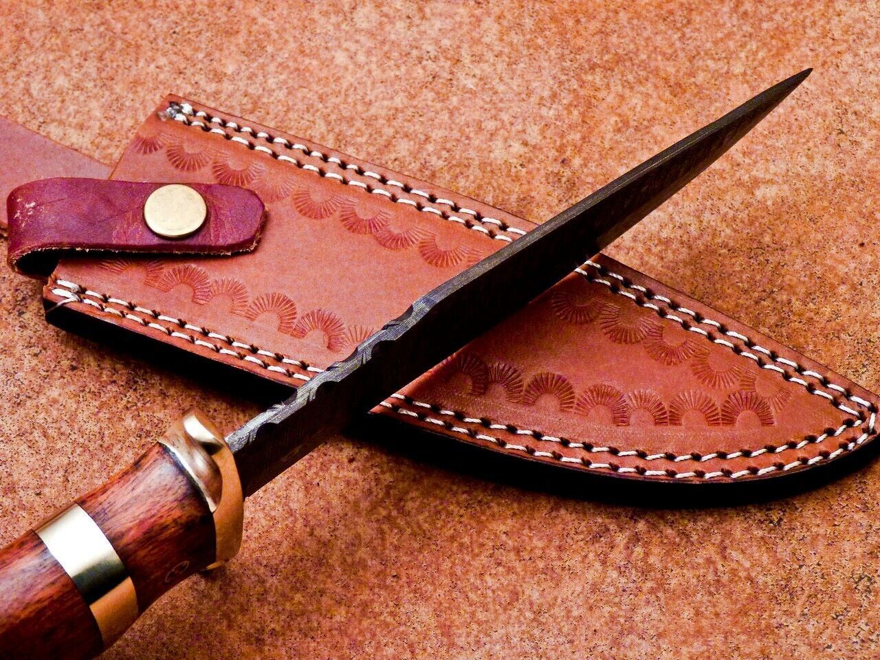 Heritage Forge 12 Inch Damascus Steel Bowie Knife with Natural Wood Handle for Hunting and Camping