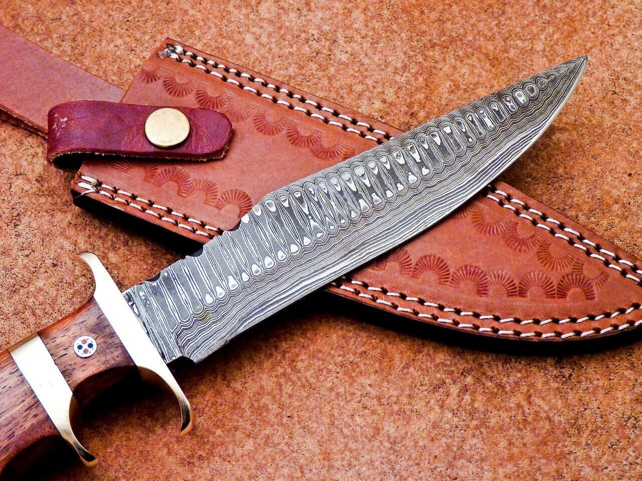 Heritage Forge 12 Inch Damascus Steel Bowie Knife with Natural Wood Handle for Hunting and Camping