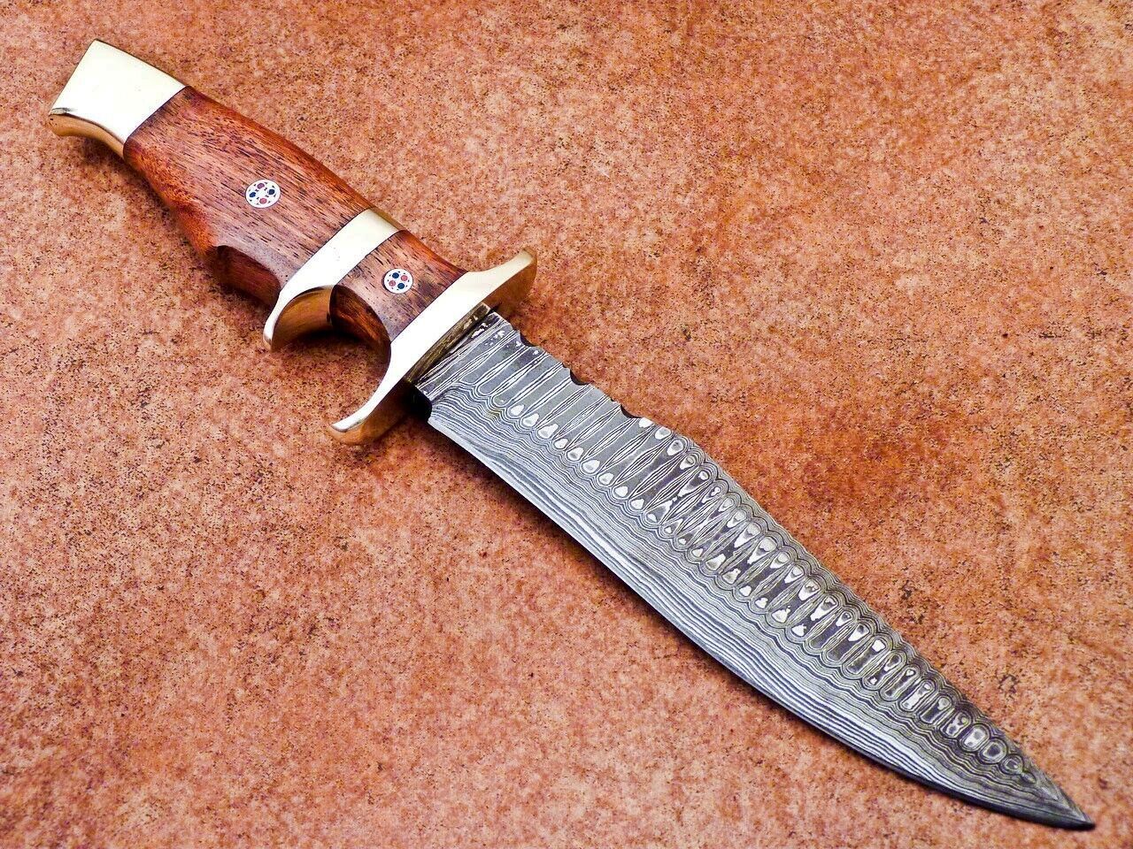 Heritage Forge 12 Inch Damascus Steel Bowie Knife with Natural Wood Handle for Hunting and Camping
