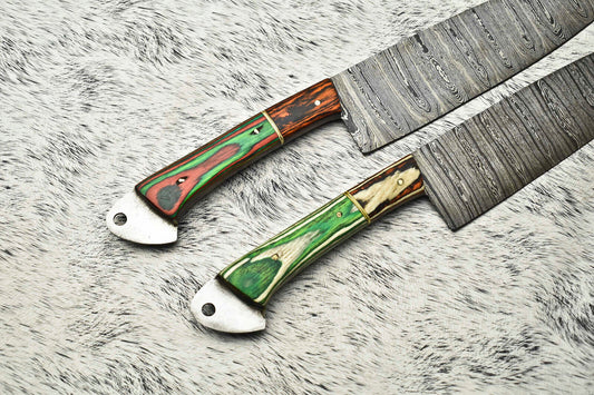 Lot of 2 Handmade Damascus Steel Full Tang Chef Knives Set