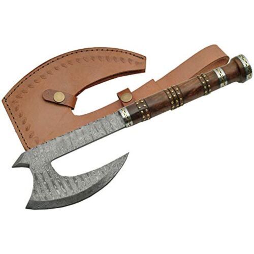 Hand Forged Damascus Steel Rosewood Hatchet Axe with Brass Studs and Leather Sheath