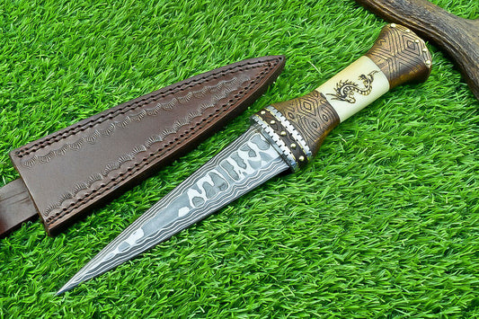 12" Handmade Damascus Steel Hunting Dagger – Wood & Bone Handle