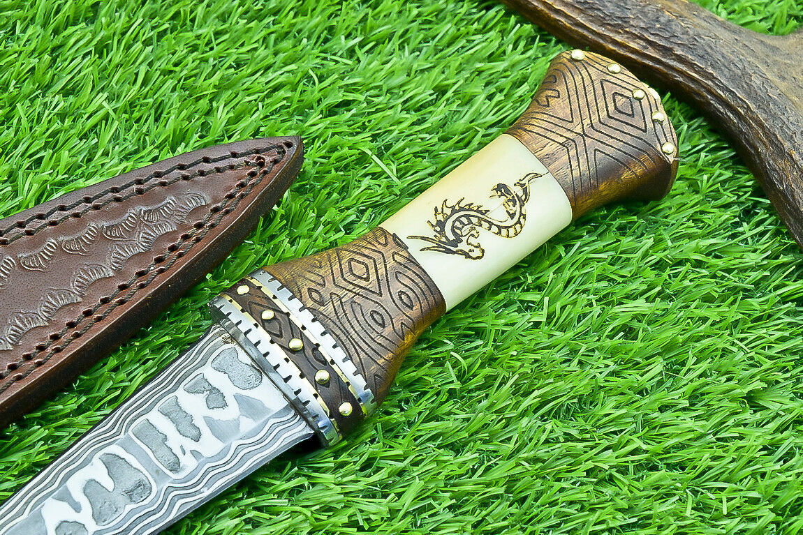 12" Handmade Damascus Steel Hunting Dagger – Wood & Bone Handle