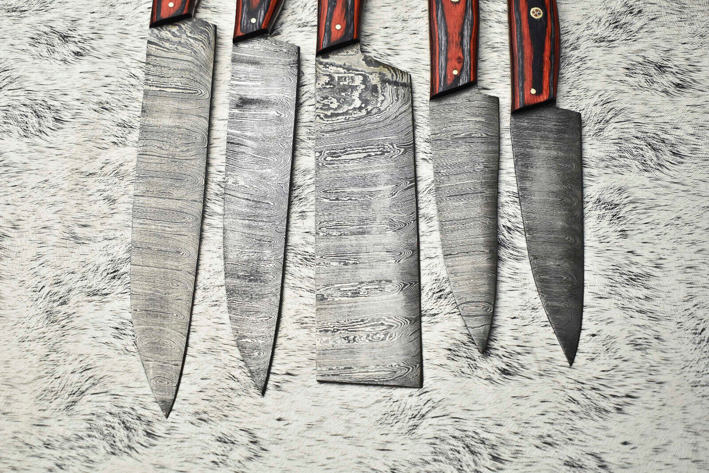 Custom Lot of 5 Handmade Damascus Steel Chef Knives | Full Tang Hard Wood Handles