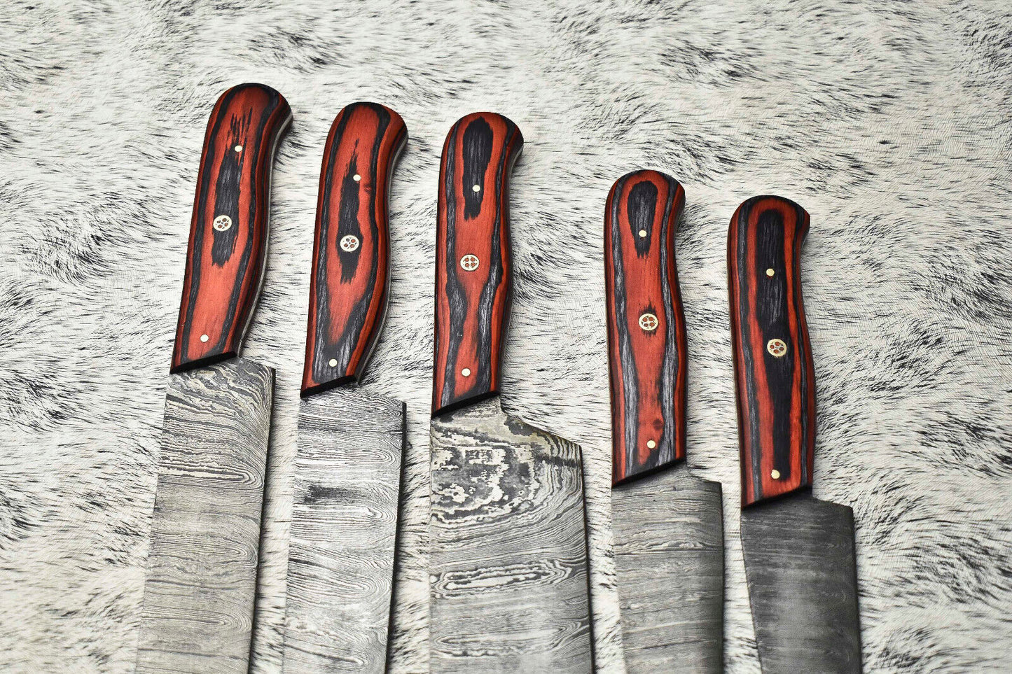 Custom Lot of 5 Handmade Damascus Steel Chef Knives | Full Tang Hard Wood Handles