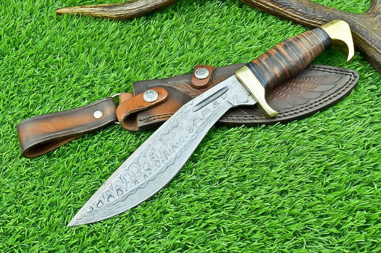 12" Damascus Bowie Kukri Knife with Leather Handle & Brass Bolster