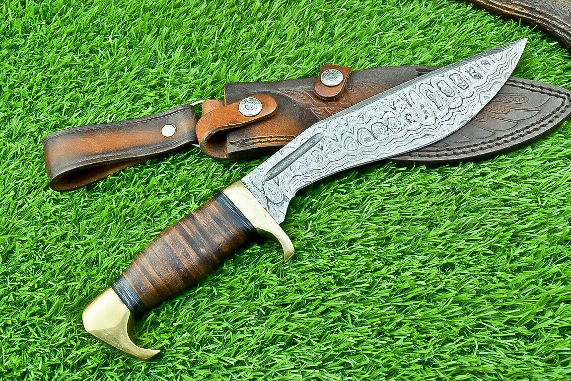 12" Damascus Bowie Kukri Knife with Leather Handle & Brass Bolster