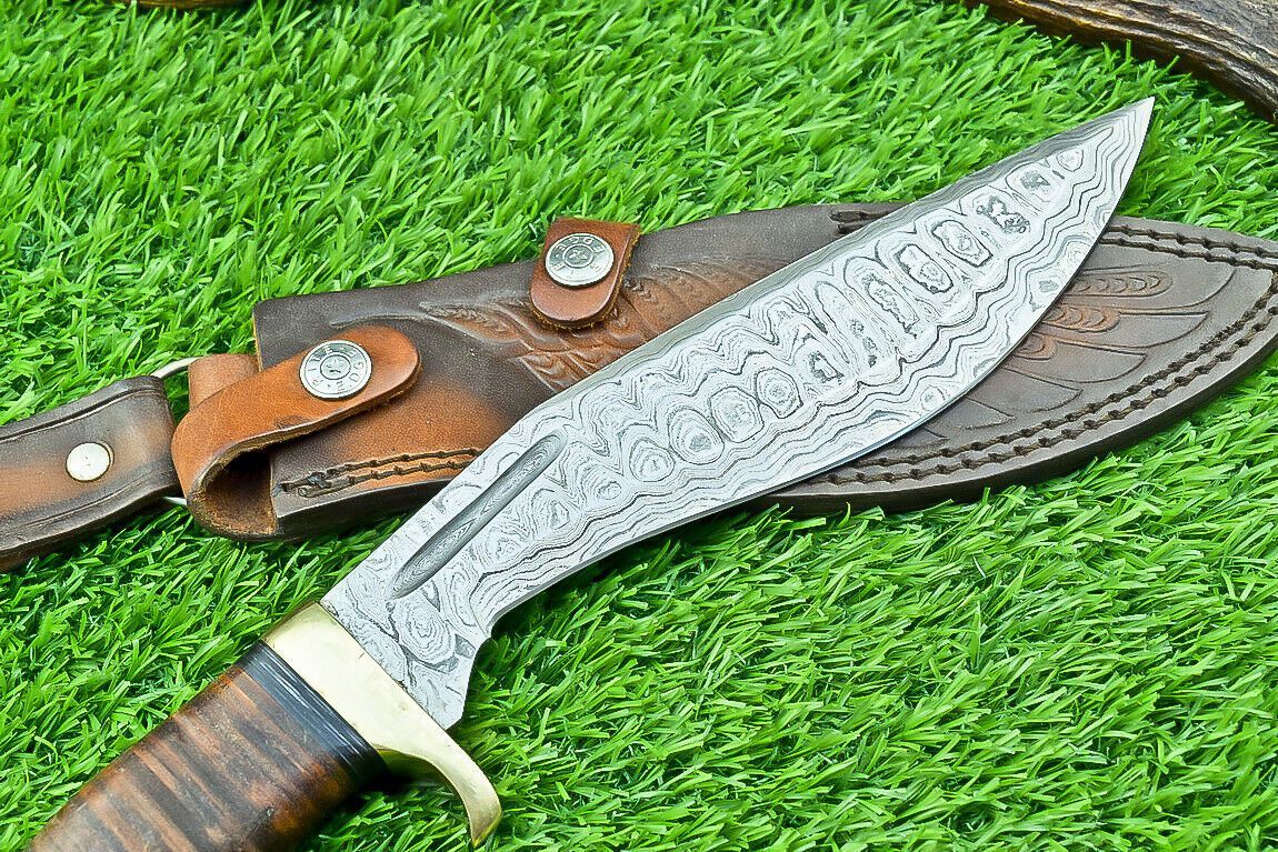 12" Damascus Bowie Kukri Knife with Leather Handle & Brass Bolster