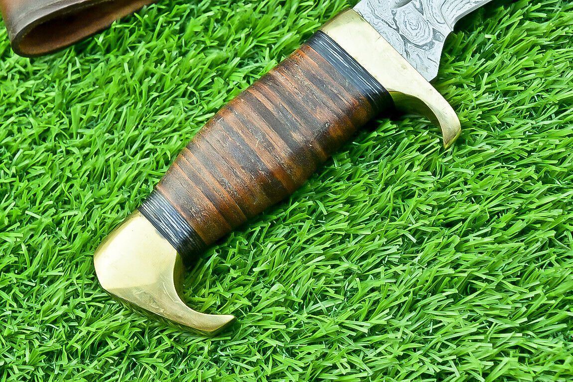 12" Damascus Bowie Kukri Knife with Leather Handle & Brass Bolster