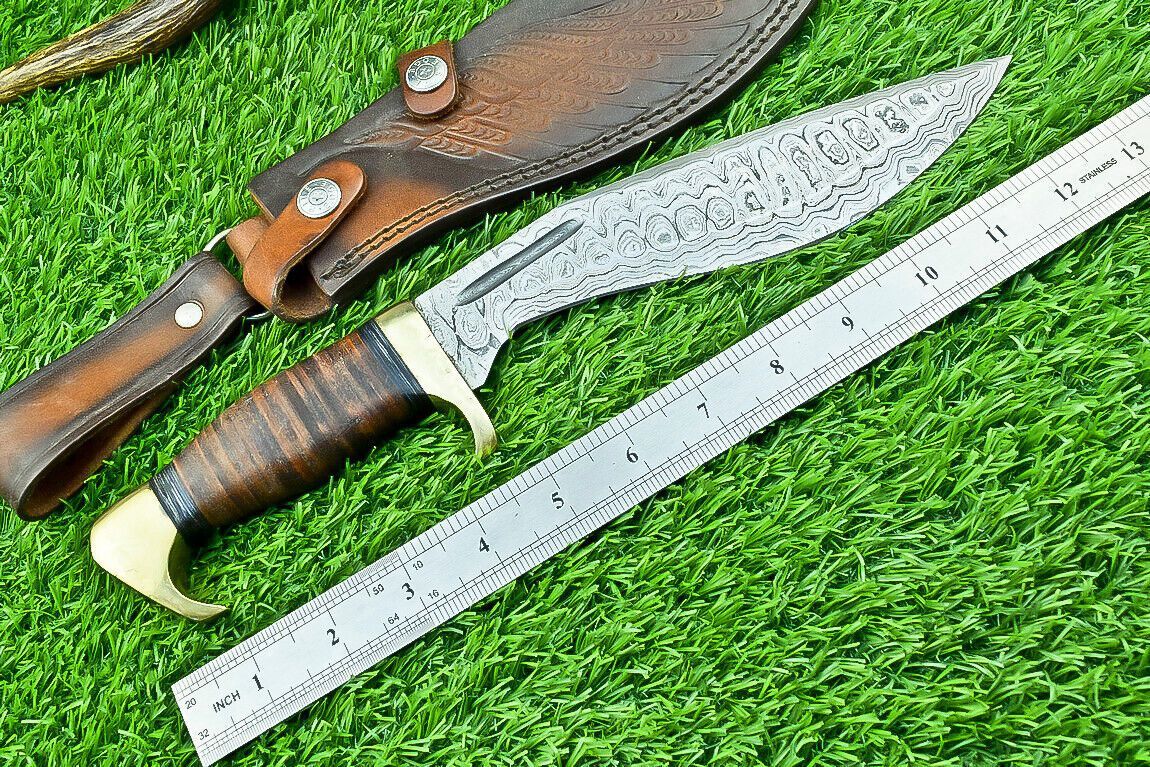 12" Damascus Bowie Kukri Knife with Leather Handle & Brass Bolster