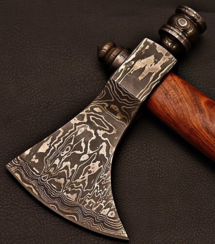 Handmade Damascus Steel Axe Pipe | Functional Outdoor Axe with Wood Handle & Leather Sheath