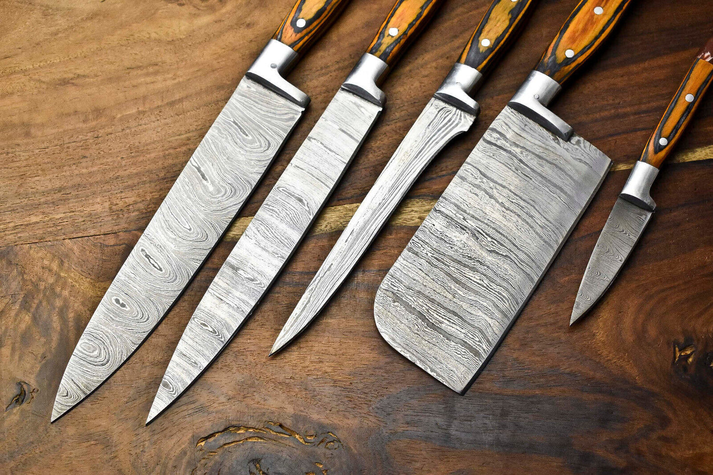 Premium 5-Piece Handmade Hammered Damascus Steel Chef Knife Set – Full Tang Kitchen Knives