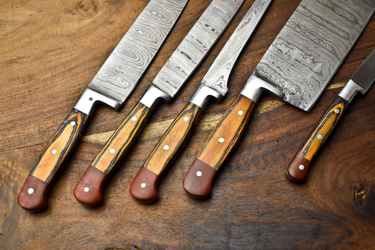 Premium 5-Piece Handmade Hammered Damascus Steel Chef Knife Set – Full Tang Kitchen Knives