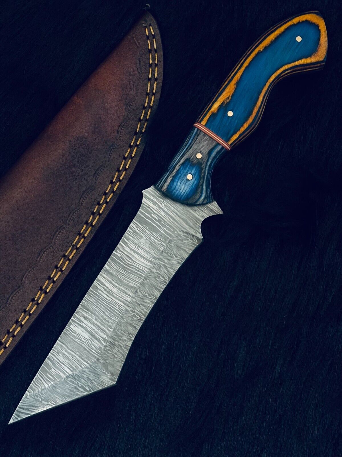 10.5" Damascus Tanto Hunting Knife – Camel Bone & Wood Handle