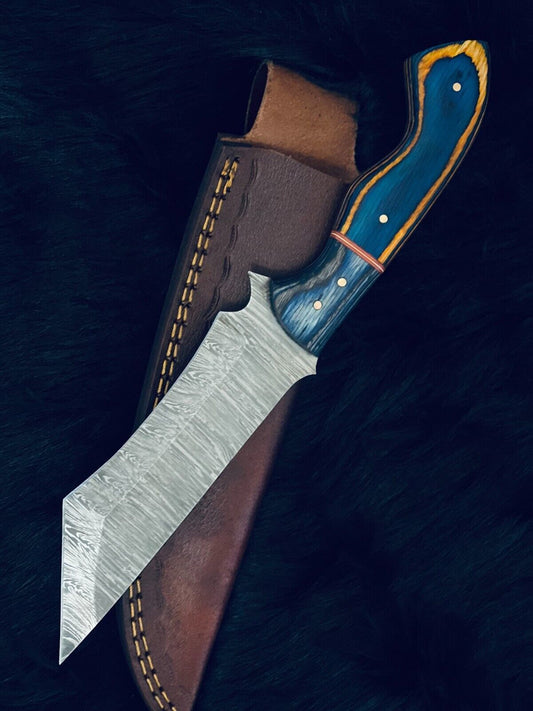 10.5" Damascus Tanto Hunting Knife – Camel Bone & Wood Handle