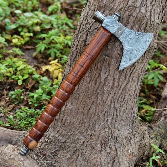 Custom Hand Forged Damascus Steel Viking Smoking Pipe Tomahawk Axe with Natural Wood Handle and Leather Sheath