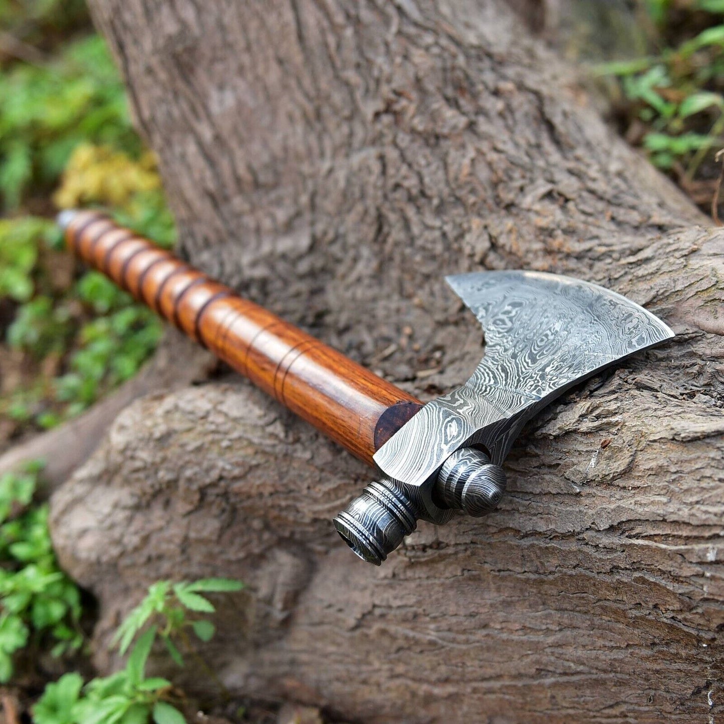 Custom Hand Forged Damascus Steel Viking Smoking Pipe Tomahawk Axe with Natural Wood Handle and Leather Sheath