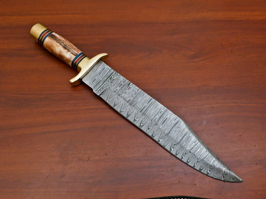 Damascus Bowie Knife 16 Inch Hunting Camping Knife with Camel Bone Handle