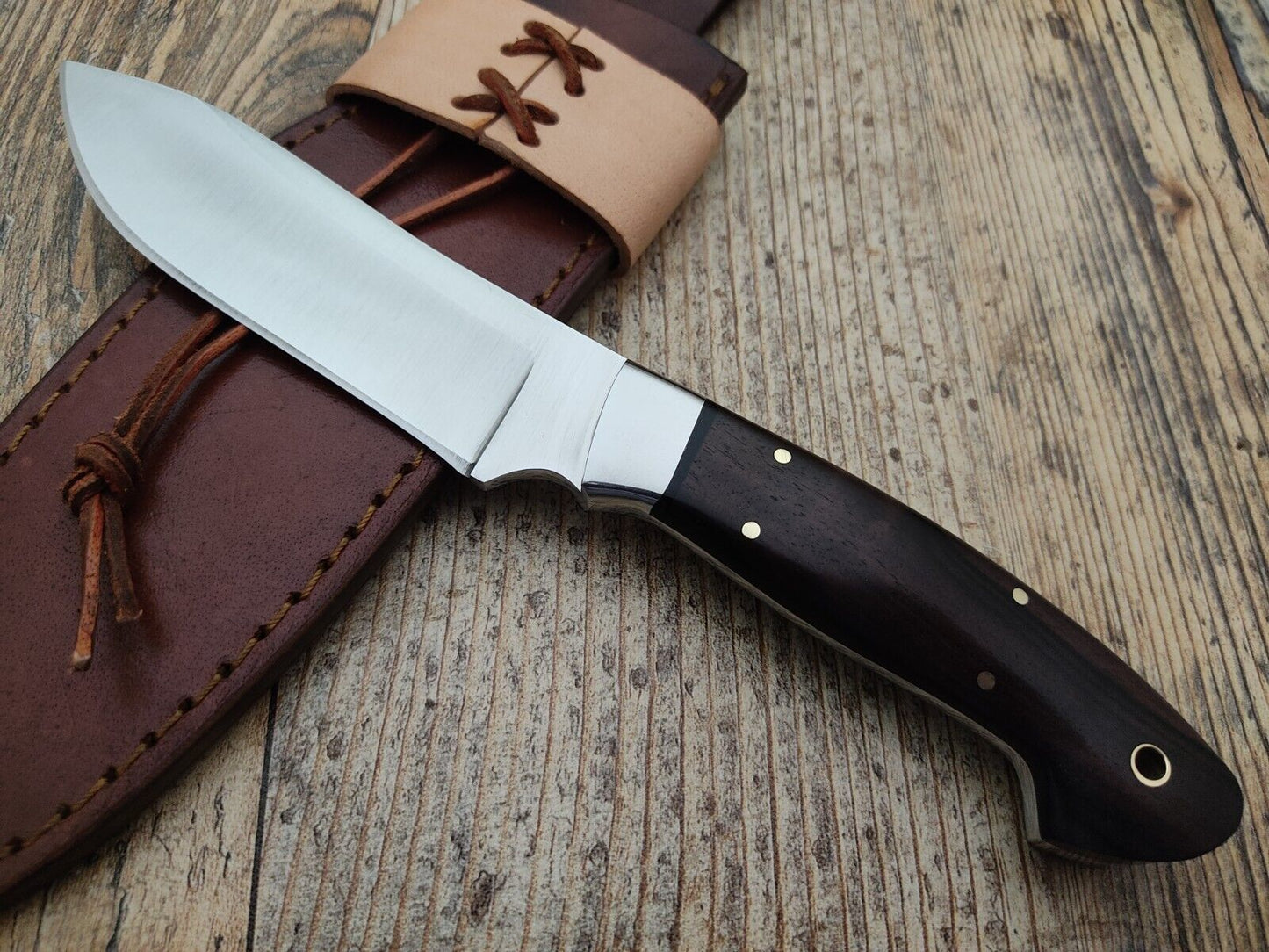 Skinner Camping Knife – 9.1" Stainless Steel Blade with Wood Handle & Leather Sheath