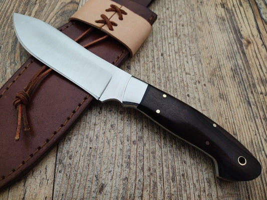 Skinner Camping Knife – 9.1" Stainless Steel Blade with Wood Handle & Leather Sheath