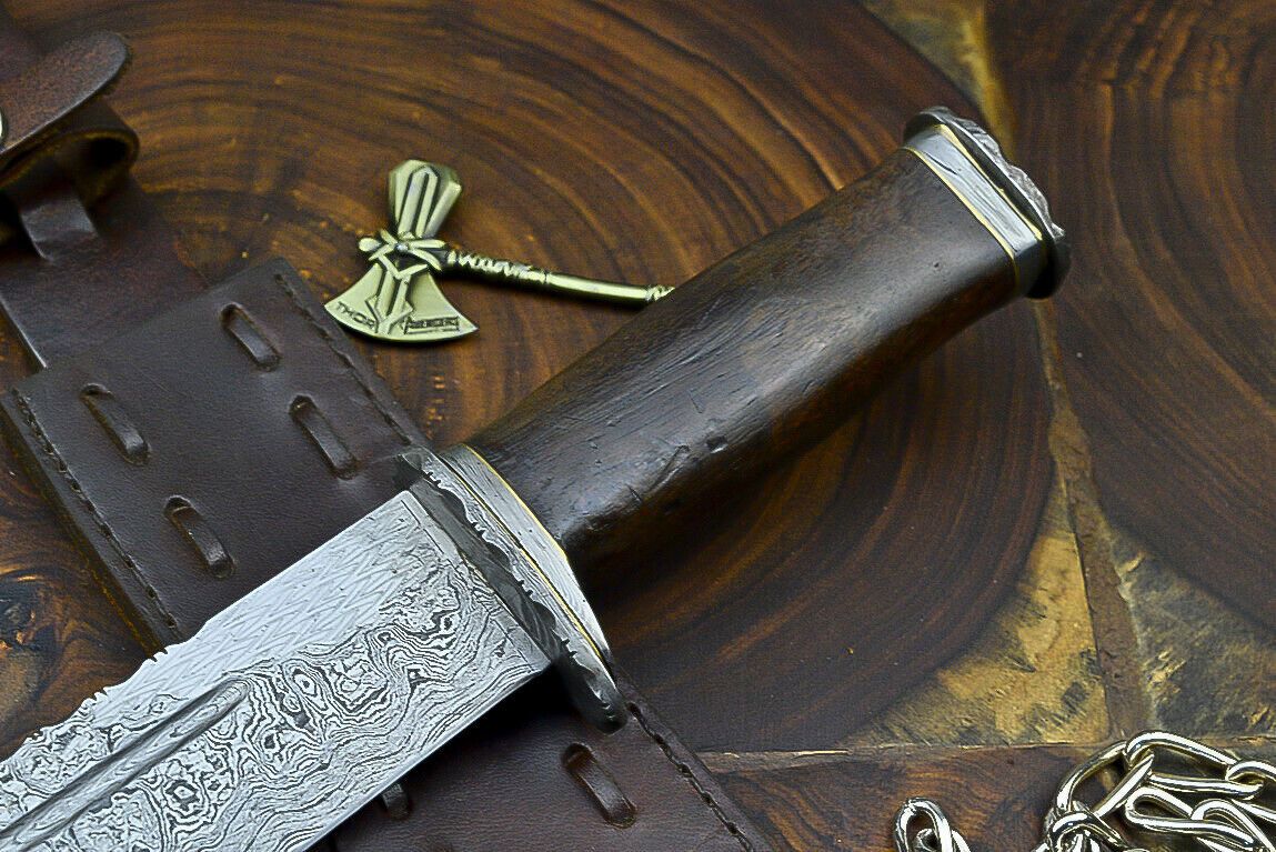 Heritage Forge Damascus Steel Bowie Knife with Wooden Handle | 12 Inch Hunting and Camping Knife
