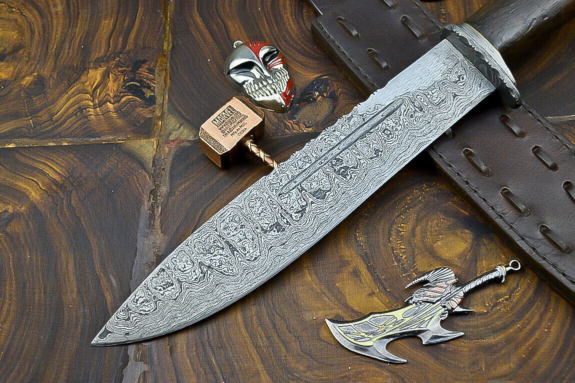 Heritage Forge Damascus Steel Bowie Knife with Wooden Handle | 12 Inch Hunting and Camping Knife