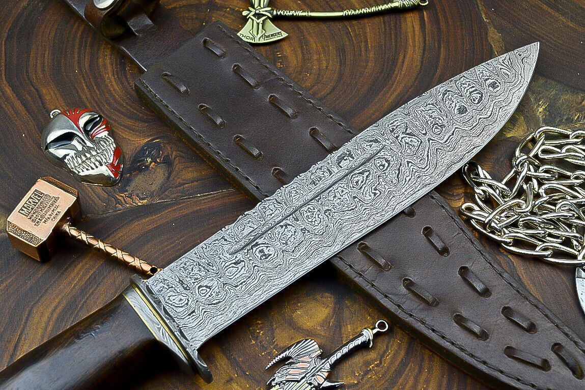 Heritage Forge Damascus Steel Bowie Knife with Wooden Handle | 12 Inch Hunting and Camping Knife