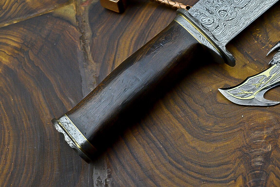 Heritage Forge Damascus Steel Bowie Knife with Wooden Handle | 12 Inch Hunting and Camping Knife