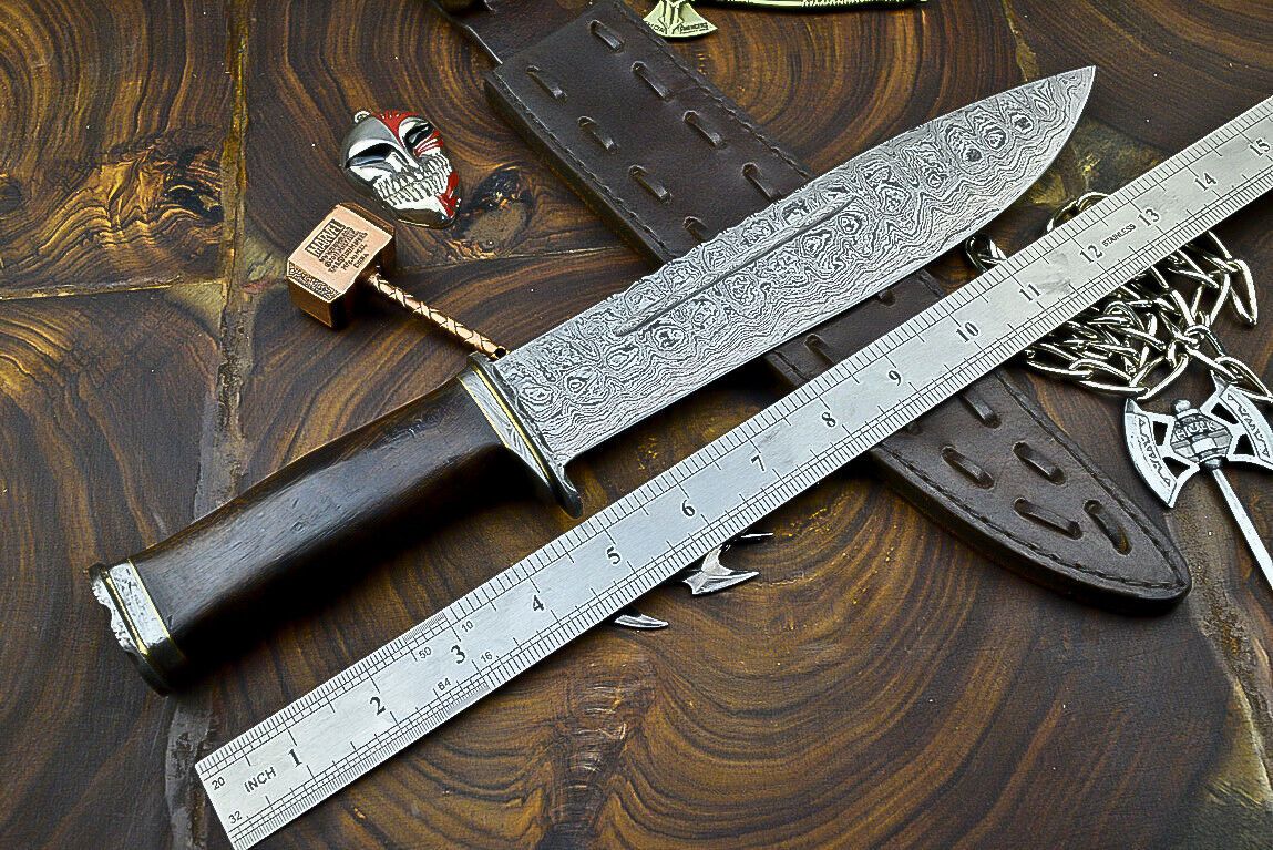 Heritage Forge Damascus Steel Bowie Knife with Wooden Handle | 12 Inch Hunting and Camping Knife