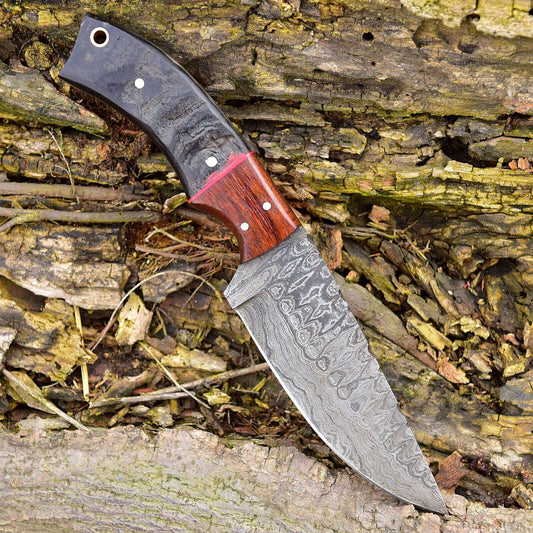 8" Damascus Bowie Knife – Ram’s Horn & Wood Handle with Leather Sheath