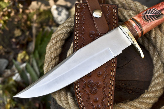 Sports D2 Steel Bowie Knife with Camel Bone Handle & Brass Guard – Handmade EDC Hunting Knife